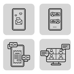 Collection of line icons representing various forms of digital communication. Icons for messaging, video calls, and notifications, suitable for tech-focused projects