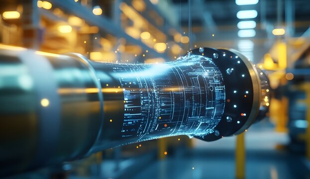 AI-integrated pipe with digital visuals, highlighting smart connections in industry, homes, and urban life.
