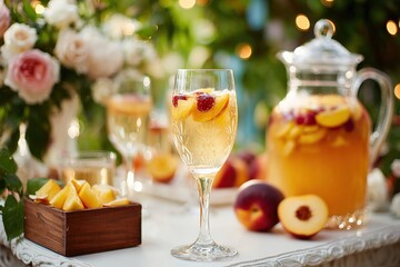 Glass of sweet peach wine with raspberries surrounded by other glasses and a pitcher of sangria, during a summer garden party