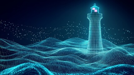 An electric digital futuristic lighthouse standing strong in the middle of waves 