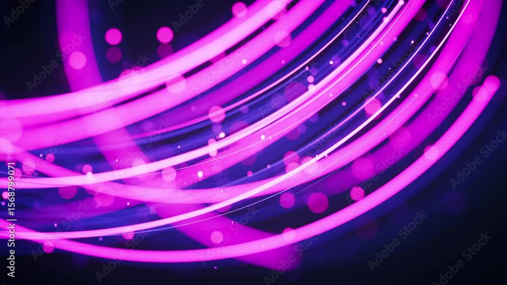 Poster rotating glowing purple vortex lines and particles background, 3d rendering.