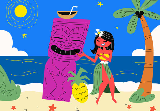 Blue Mid Century Tiki Party Full Set Illustration