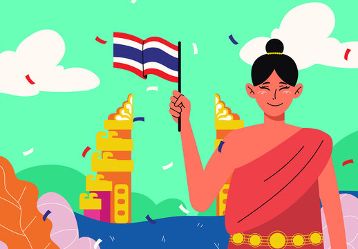 Green Flat Thailand National Day Full Set Illustration