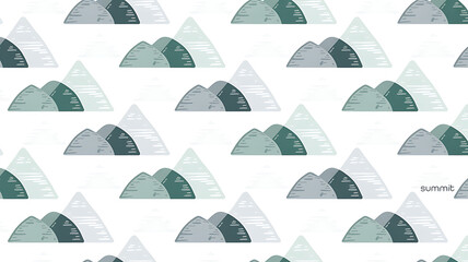 A repeating pattern of stylized mountain ranges in varying shades of green and gray