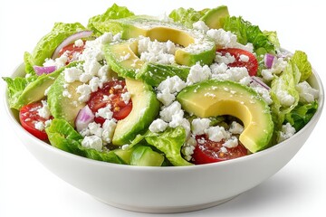 Vibrant salad featuring creamy avocado slices, crumbled feta cheese, ripe tomatoes, and crisp lettuce in a white bowl, isolated on a white background