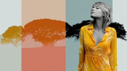 Serenity and Style: Woman in Yellow Dress with Tree Silhouettes in Artistic Composition