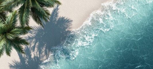Pure white and clean beach, clear water and waves, light shadows of coconut leaves, bright light, top view, 8k image --ar 20:9 --v 7 Job ID: b9706f21-32e9-477c-aa0d-2e5d7f5ddaba