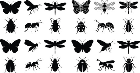 Set of black silhouette vector insects including butterfly, ant, dragonfly, beetle and other bugs in simple form