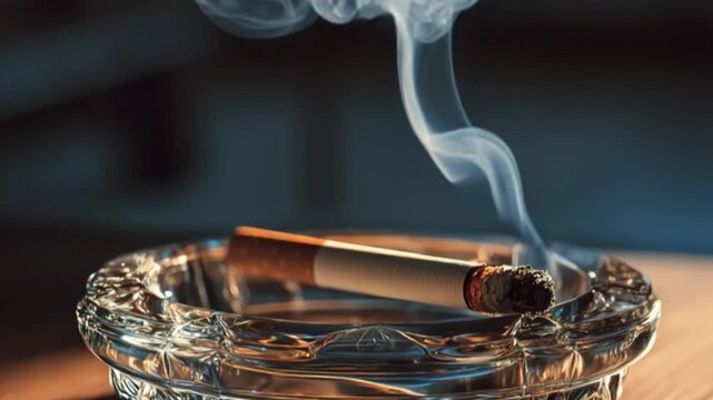 Smoking cigarette in ashtray: A solitary cigarette rests in a crystal ashtray, exhaling a plume of smoke against a backdrop of soft lighting, capturing a moment of stillness and contemplation.