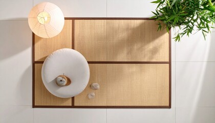 Minimalist Zen Space: Tatami Mat, Paper Lantern, and Serene Still Life