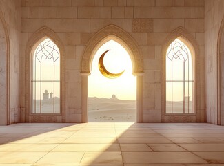 Beige mosque interior, crescent moon, desert view