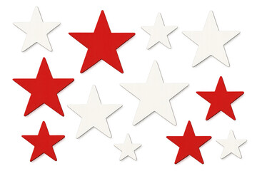 Fototapeta premium Transparent background filled with scattered red and white five-pointed stars varying in size, generating patriotic, celebratory mood