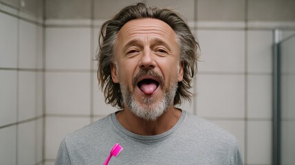 Senior Man in Bathroom Brushing Teeth with Pink Toothbrush Showing Oral Hygiene Routine