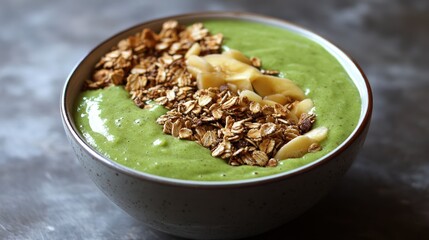 A vibrant green smoothie bowl featuring granola and banana slices for a healthy start