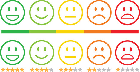 Naklejka premium Feedback emoticon line icon set. Very happy, happy, neutral, sad and very sad emoji. Rating face emoji with stars good to bad customer feedback indicator for survey, reviews, experience, satisfaction.