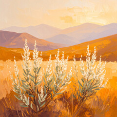 Sagebrush in Desert Landscape, Oil Painting with Warm Muted Tones