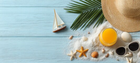 Summer accessories on blue wooden background top view