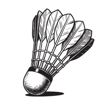 Detailed black and white vintage art illustration of a badminton shuttlecock with hand drawn style