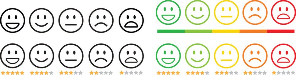 Feedback emoticon outline icon set. Very happy, happy, neutral, sad and very sad emoji. Rating face emoji with star good to bad customer feedback indicator for survey, review, experience, satisfaction