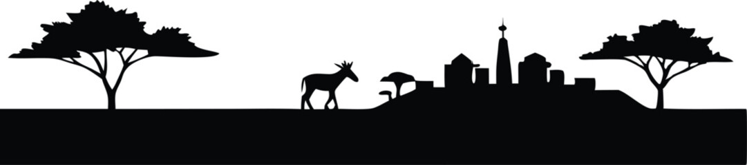 Fototapeta premium Savannah skyline silhouette, Nairobi skyline silhouette with giraffe and savanna elements, iconic African urban landscape at dusk
