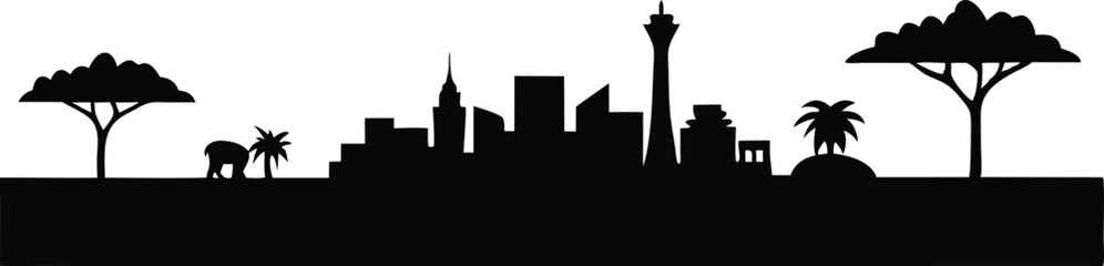 Savannah skyline silhouette, Nairobi skyline silhouette with giraffe and savanna elements, iconic African urban landscape at dusk