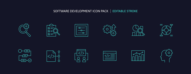 Software development automation icon set for developer. UX system design with AI coding or programming languages for productivity. Data analysis tech, engineering diagram and business flow process.