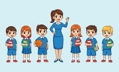 School Children and Teacher in Blue Uniforms Front View Holding Books, Classroom Education Concept, Academic Learning Illustration, Vector Student Group Artwork