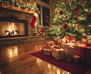 Cozy Christmas living room with tree, fireplace, and gifts