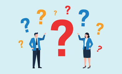 Business Professionals Surrounded by Colorful Question Marks, Front View Illustration, Corporate Problem Solving Concept, Brainstorming Teamwork Scene, Vector Artwork