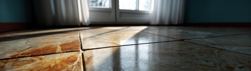 Sunlight Streaming Through a Window, Illuminating the Warm, Textured Ceramic Tile Floor