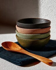 Rustic Charm, Stacked Ceramic Bowls and Wooden Spoon on a Dark Blue Linen Napkin