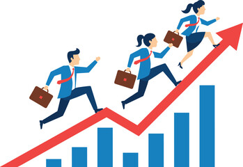 Business Professionals Climbing Growth Arrow Together, Career Progression Concept, Team Effort Symbol, Financial Success Graph, Corporate Strategy Illustration, 