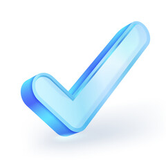 3D check mark icon. Material of the marker is clear blue crystal glass. symbolizing approval, confirmation, success and verification. Isolated on white background. Vector illustration.