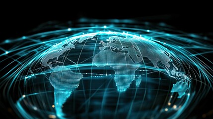 A futuristic digital globe with interconnected glowing trade routes, symbolizing global business expansion