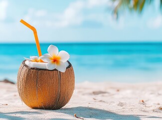 Coconut drink on sandy beach, flower, straw