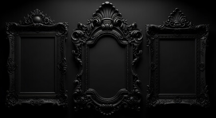 Three ornate black picture frames on a dark wall with decorative baroque style elements