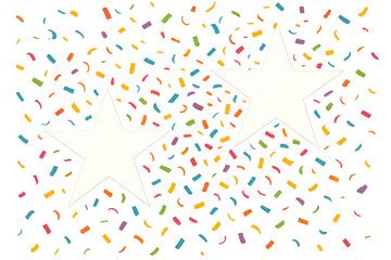 Festive background with two white stars and falling colorful confetti on transparent background, perfect for celebrations and events