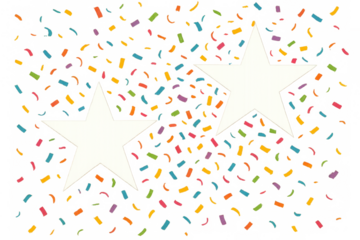 Festive background with two white stars and falling colorful confetti on transparent background, perfect for celebrations and events