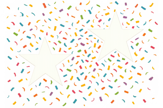 Festive background with two white stars and falling colorful confetti on transparent background, perfect for celebrations and events - Powered by Adobe