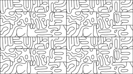 Black and white abstract pattern with rounded shapes and connected line segments