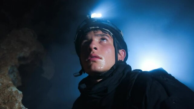 Exploration in the Abyss: A courageous explorer, illuminated by the beam of their headlamp, looks with determined focus into the abyss, symbolizing curiosity, intrepidity.