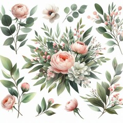Watercolor floral illustration bouquet set - green leaves, pink peach blush white flowers branches. Wedding invitations, greetings, wallpapers, fashion, prints. Eucalyptus, olive, peony, rose