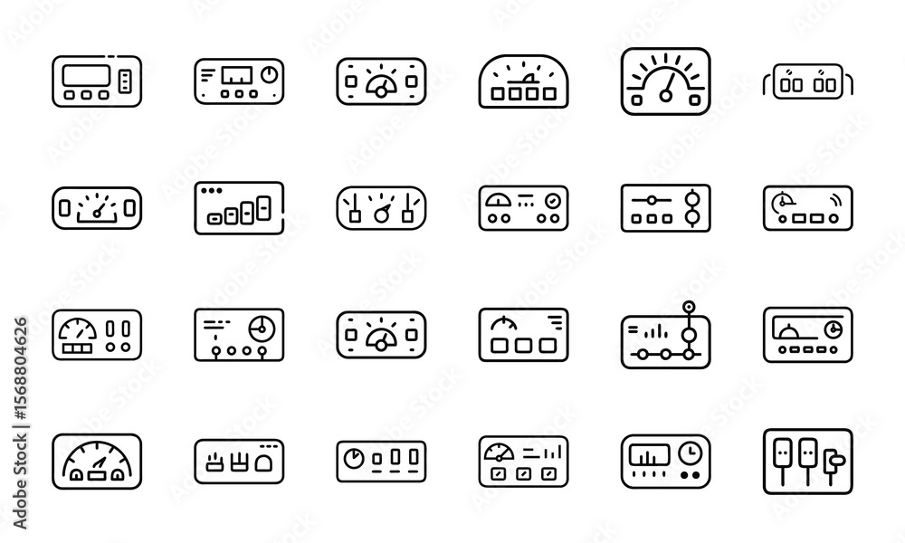 Poster collection of minimalist instrument icons representing gauges and control panels in line art style