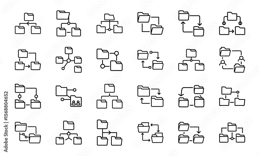 Poster collection of line icons depicting various concepts of file structure and data organization