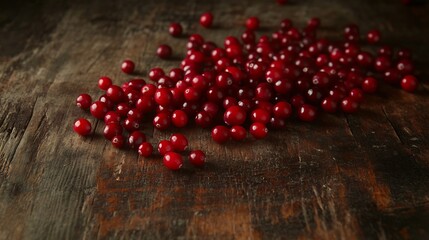 Close up shot of a cluster of fresh cranberries scattered on a rustic wooden table glistening under...