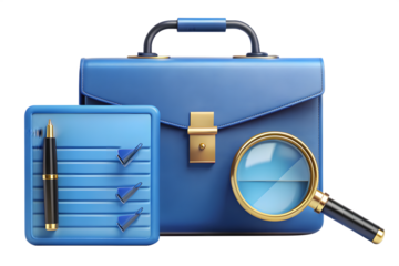 Blue Briefcase with Checklist and Magnifying Glass on transparent background