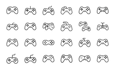 Collection of various minimalist line art game controllers for gaming concept illustrations