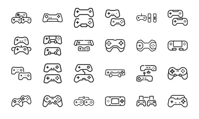 Collection of line art gaming controller icons illustrating various video game accessories