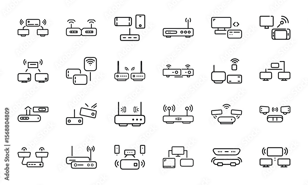 Poster collection of network router and connected devices outline icons for technology and connectivity