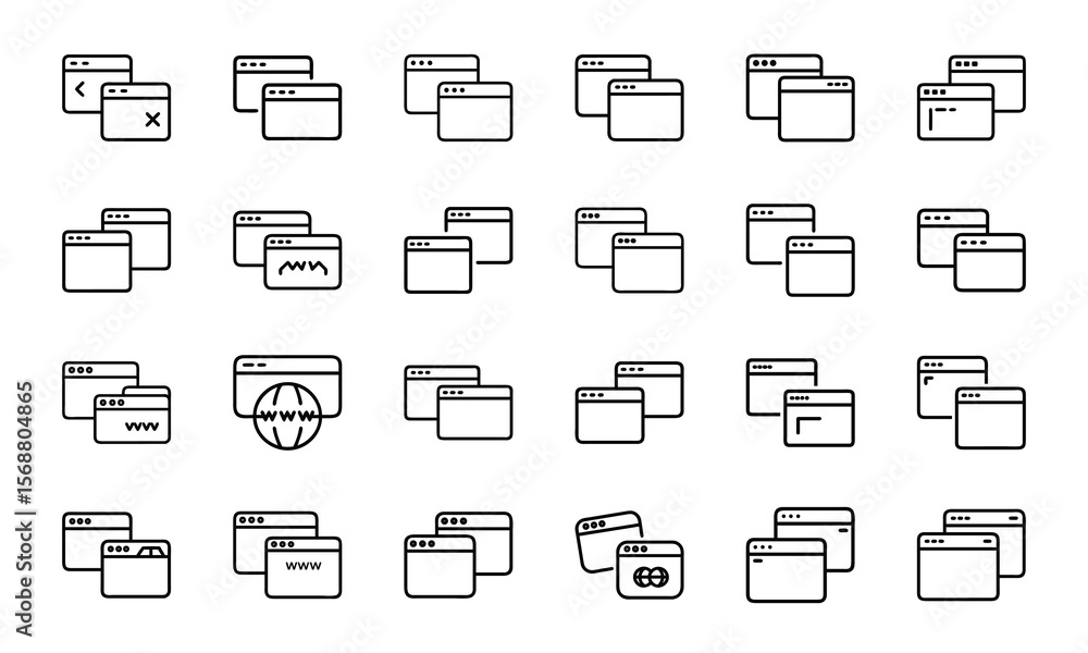 Poster collection of modern window icons and web browser interface elements in line art style
